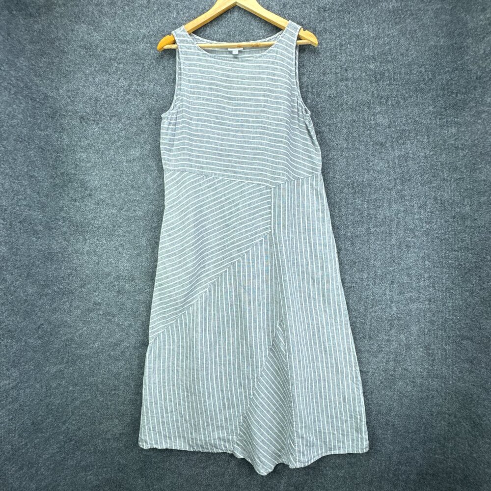 J.‎ Jill Love Linen Dress Womens Medium Gray White Stripe Sleeveless Midi Casual